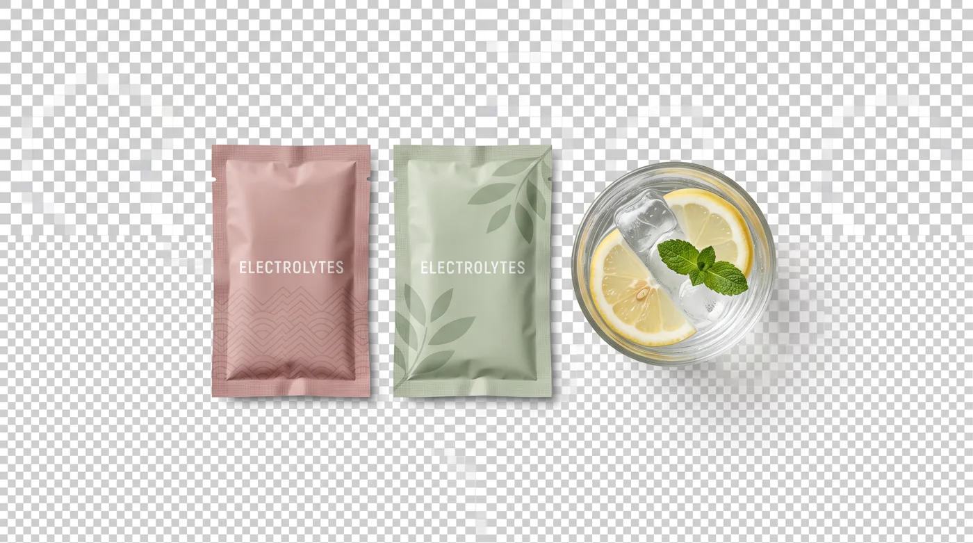 Vrecice elektrolitskega napitka in kozarec vode z limono