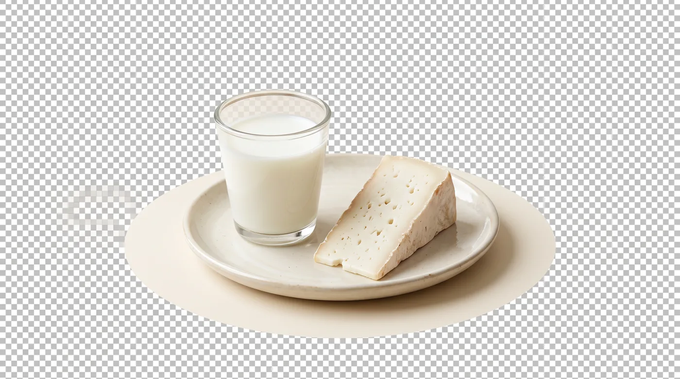 Majhen kozarec mleka in kos sira na mehkem kremnem ozadju