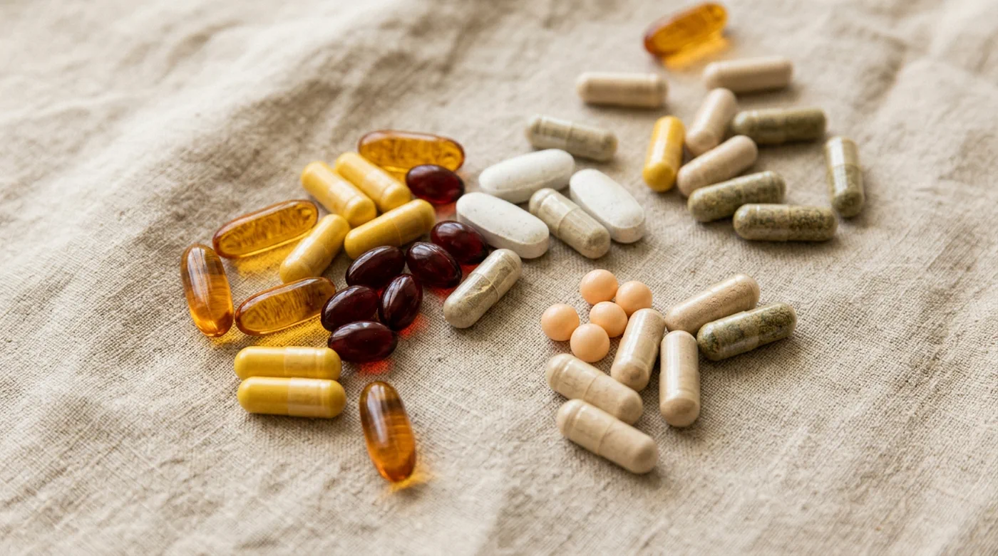 Različne kapsule, tablete in vitaminski pripravki na laneni podlagi