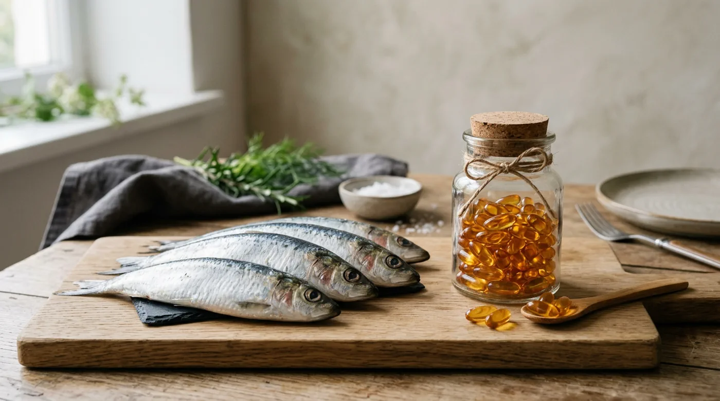 Sveze ribe in omega-3 kapsule na mehki podlagi, evropski uredniski stil