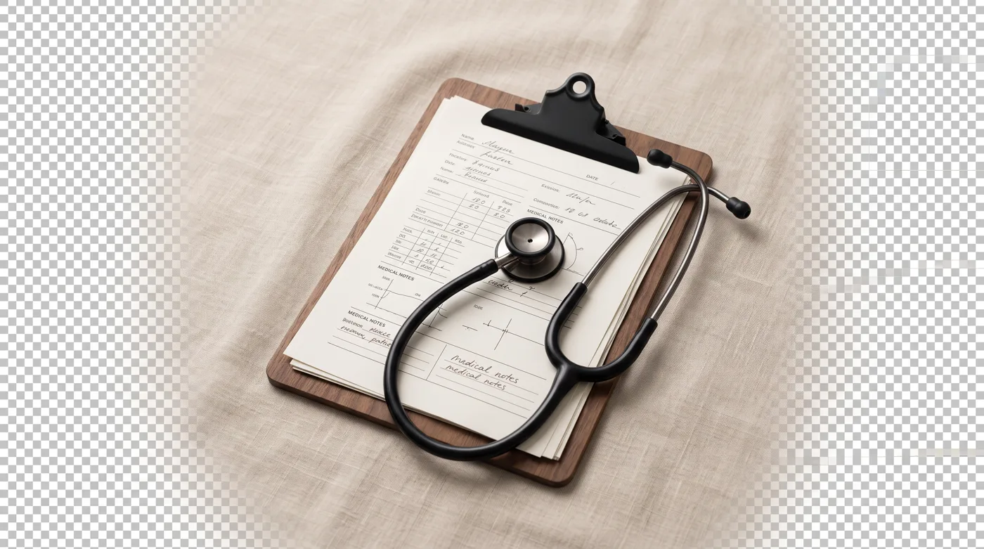 Medicinski clipboard z dokumenti in stetoskopom na mehkem bez ozadju