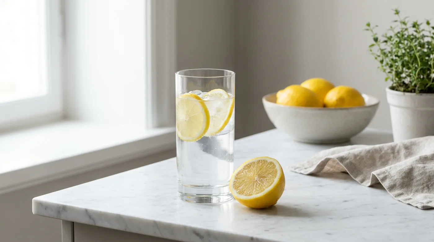 Visok kozarec sveže limonine vode s polovico limone na marmorni podlagi